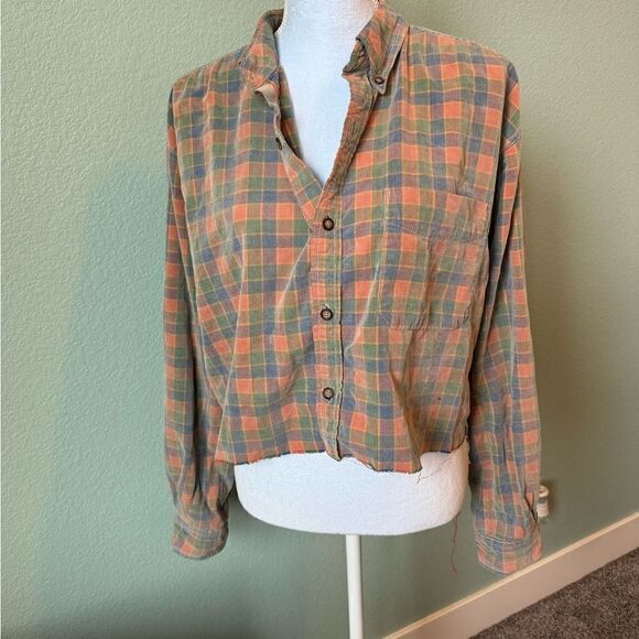 The Territory Ahead Corduroy Button Shirt Plaid size XL Cropped Distressed - Picture 1 of 8